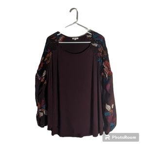 Maurice's Burgundy Blouse Size 1X Sheer Sleeves